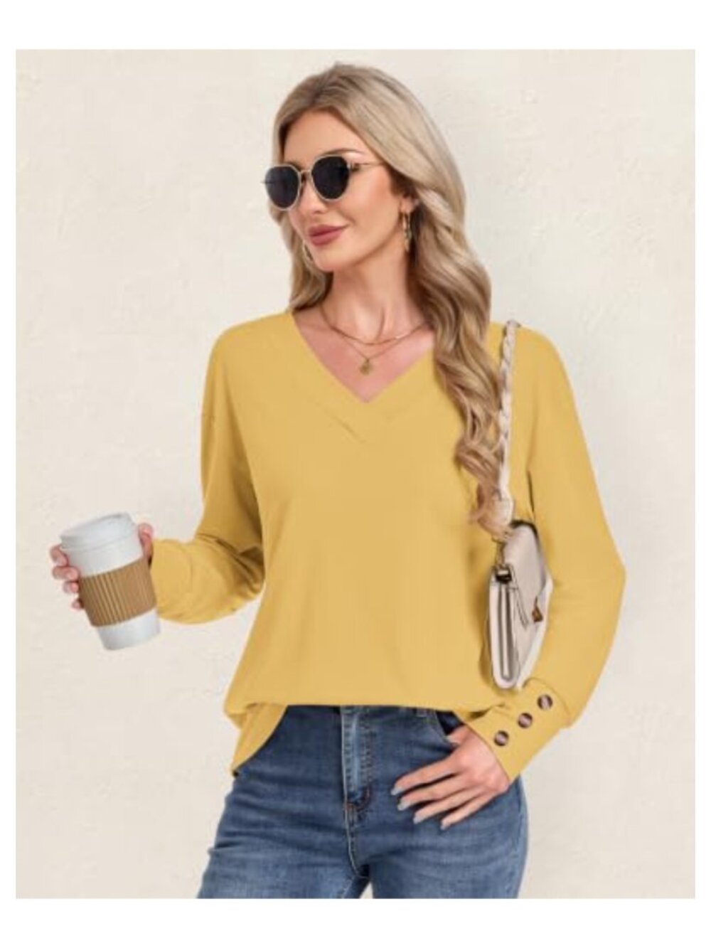 Womens V Neck Pullover Top Long Sleeve Sweatshirt Casual Loose Fit - Picture 4 of 5